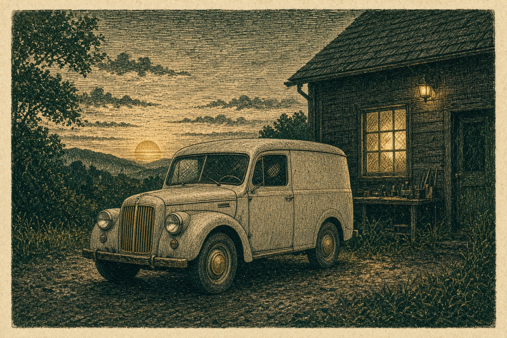 Letterpress print of a service van at a workshop